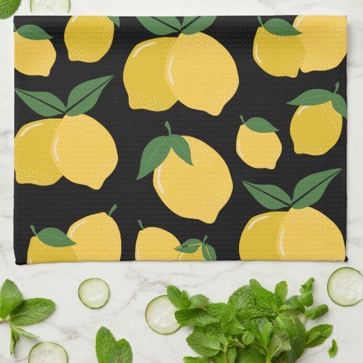 Lemon Muster Retro Frucht gelb auf schwarz Geschirrtuch (Gefaltet)