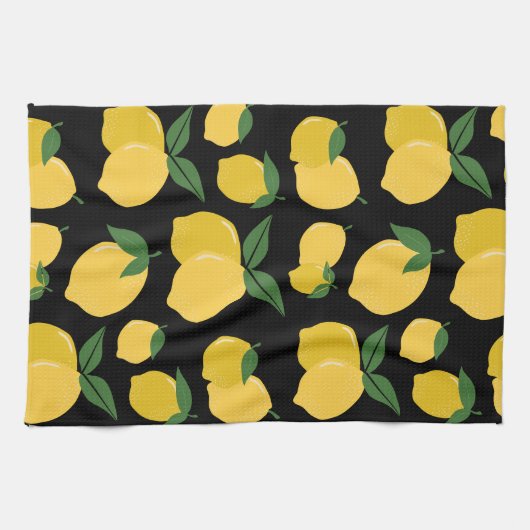 Lemon Muster Retro Frucht gelb auf schwarz Geschirrtuch (Horizontal)