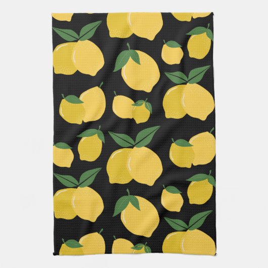 Lemon Muster Retro Frucht gelb auf schwarz Geschirrtuch (Vertikal)