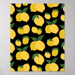 Lemon Muster Retro Frucht gelb auf schwarz Poster
