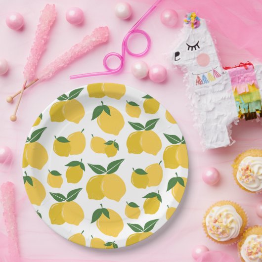 Lemon Muster Retro Frucht gelb auf weiß Pappteller (Party)