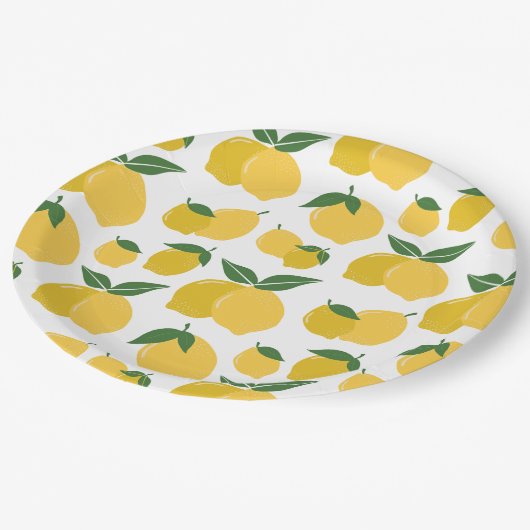 Lemon Muster Retro Frucht gelb auf weiß Pappteller (Schrägansicht)