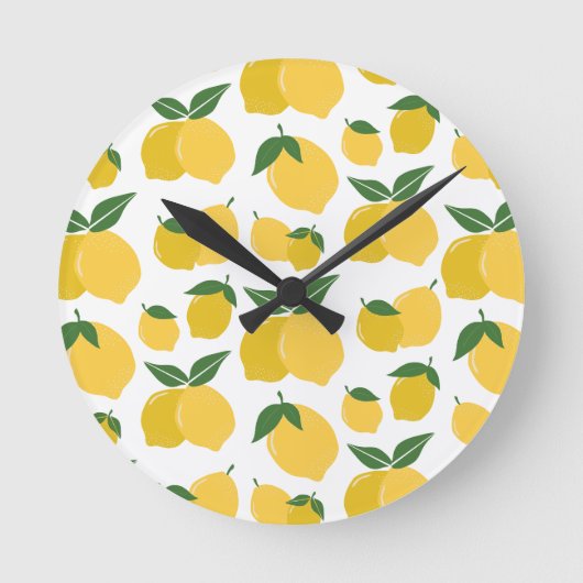 Lemon Muster Retro Frucht gelb auf weiß Runde Wanduhr (Vorderseite)