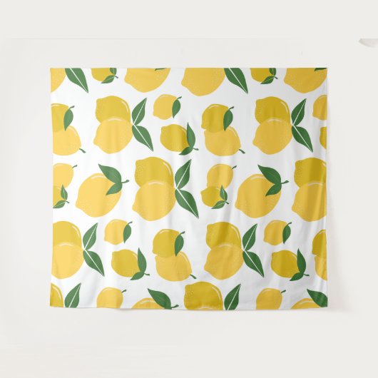 Lemon Muster Retro Frucht gelb auf weiß Wandteppich (Vorderseite (Horizontal))