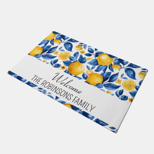 Lemon Muster tropische Früchte Custom Family Name Fußmatte (Schrägansicht)