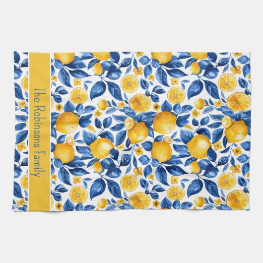Lemon Muster tropische Früchte Custom Family Name Geschirrtuch (Horizontal)