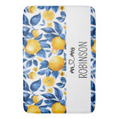 Lemon Muster Tropisches Obst Custom Couple Name Badematte (Vorderseite Vertikal)