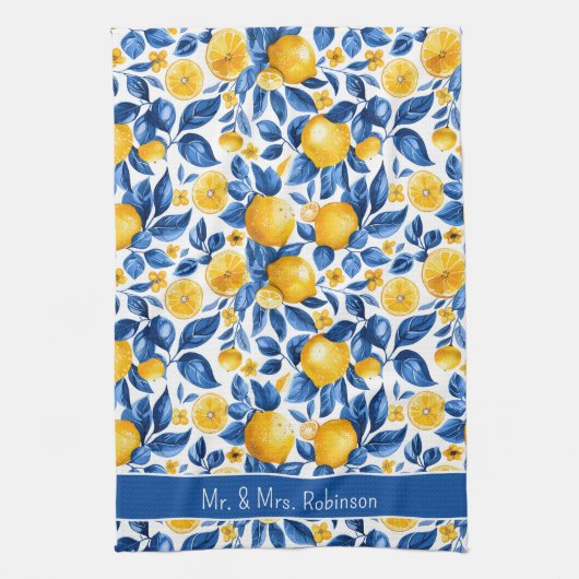 Lemon Muster Tropisches Obst Custom Couple Name Geschirrtuch (Vertikal)