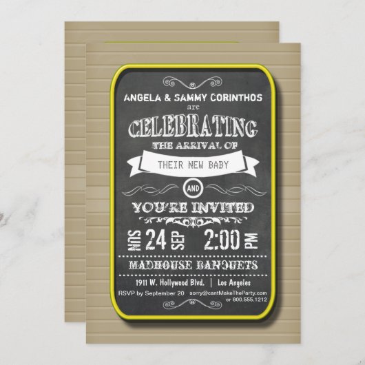 Lemon Neon Chalkboard Babydusche Einladung (Vorne/Hinten)