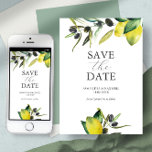 Lemon Olive Save the Date Moderne Wasserfarbe<br><div class="desc">Verkünden Sie Ihre Verlobung mit dieser modernen Save the Date Karte. Es bietet einen Mix aus klassischer und Skripttypografie mit einem Rand meiner ursprünglichen Aquarellgele Zitronen und Olivenzweige auf einem knusprigen weißen Hintergrund. Die Karte kehrt zu einer kostenlosen schluchgrünen Farbe zurück. Die Farben können auf Ihre Hochzeitsfarben abgestimmt werden. Verwenden...</div>