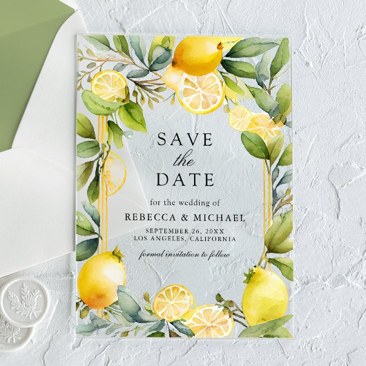 Lemon Orchard Citrus Wedding Save the Date Acryleinladungen