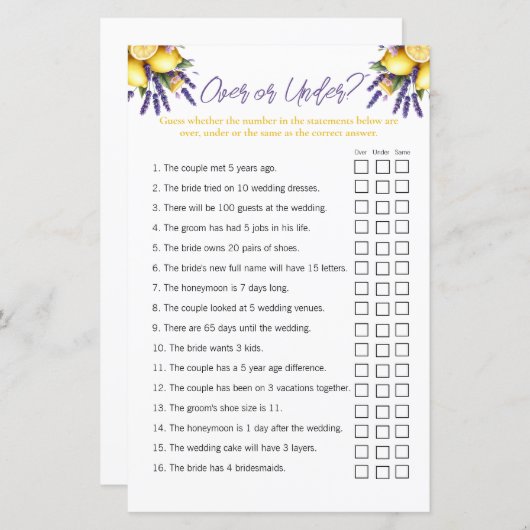 Lemon "Over and Under" Brautparty Game (Vorne/Hinten)