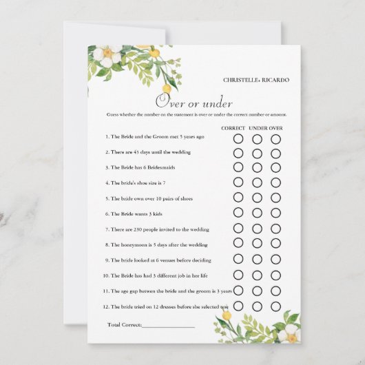 Lemon Over oder unter Brautparty-Spielkarte Ankündigung (Vorderseite)