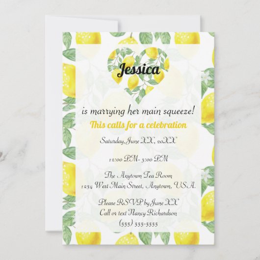 Lemon Pattern Herz Main Squeeze Brautparty Einladung (Vorderseite)