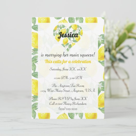 Lemon Pattern Herz Main Squeeze Brautparty Einladung (Stehend Vorderseite)