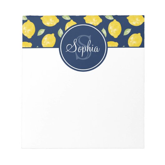 Lemon Pattern Navy Blue Yellow Monogram Notizblock (Vorderseite)