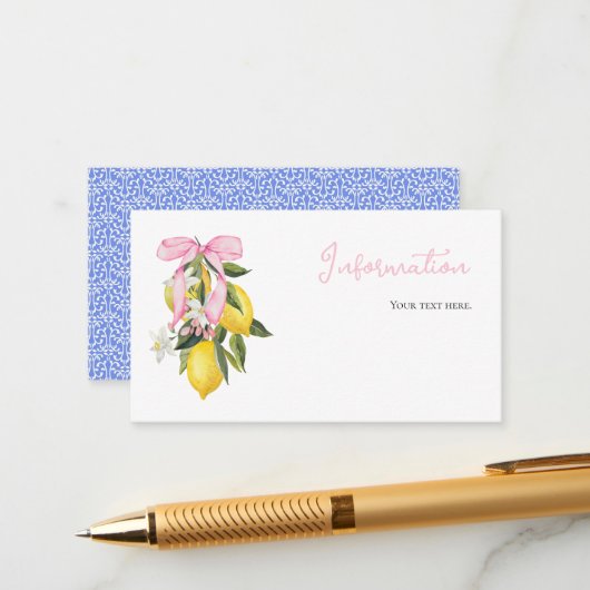 Lemon Pink Bow Coquette Babydusche Informationen Begleitkarte (Vorderseite/Rückseite Beispiel)