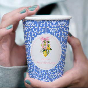 Lemon Pink Bow Preppy 1. Geburtstag Pappbecher