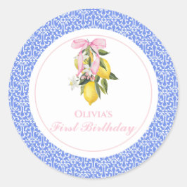 Lemon Pink Bow Preppy 1. Geburtstag Runder Aufkleber