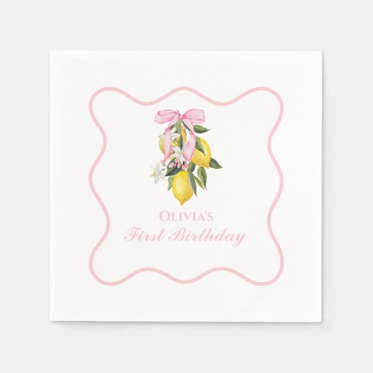 Lemon Pink Bow Preppy Coquette 1. Geburtstag Serviette (Vorderseite)