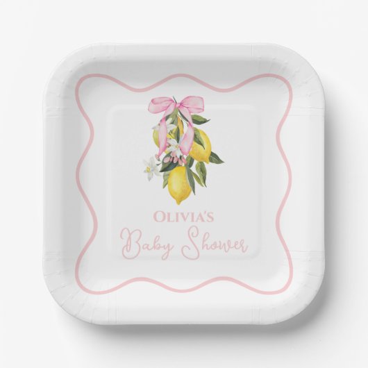Lemon Pink Bow Preppy Coquette Baby Dusche Pappteller (Vorderseite)