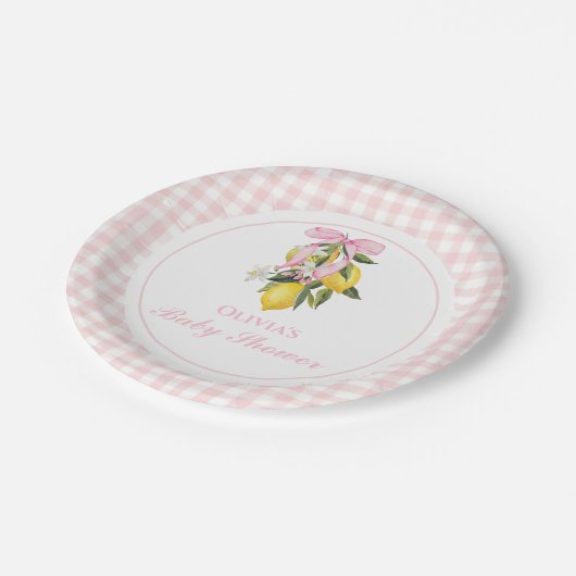 Lemon Pink Bow Preppy Coquette Babydusche Pappteller (Schrägansicht)