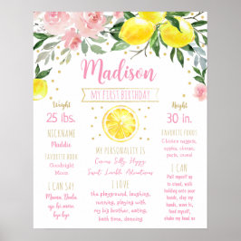 Lemon Pink Gold Floral Erster Geburtstag Meilenste Poster