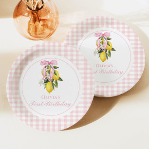 Lemon Pink Schleife preppy Coquette 1. Geburtstag Pappteller
