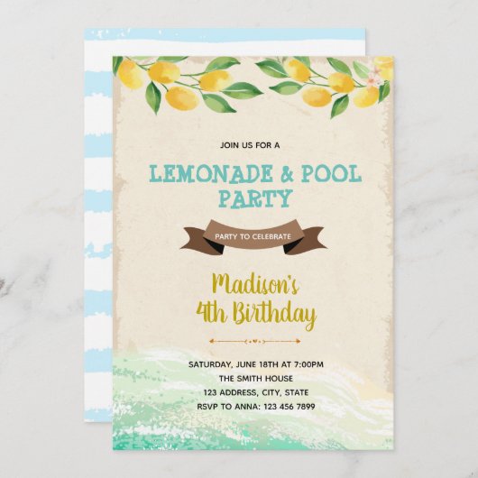 Lemon Pool Party Einladung (Vorne/Hinten)