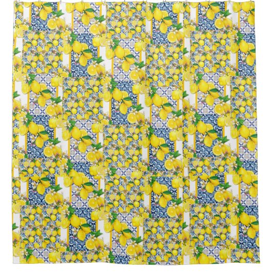 Lemon Portugiesisch Azulejo Mittelmeer Santorini Duschvorhang (Vorderseite)