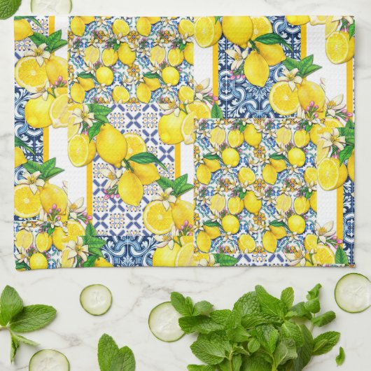 Lemon Portugiesisch Azulejo Mittelmeer Santorini Geschirrtuch (Gefaltet)