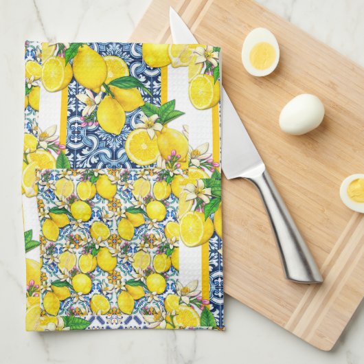 Lemon Portugiesisch Azulejo Mittelmeer Santorini Geschirrtuch (Viertel Falte)