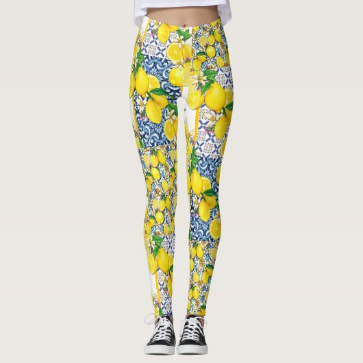 Lemon Portugiesisch Azulejo Mittelmeer Santorini Leggings (Vorderseite)