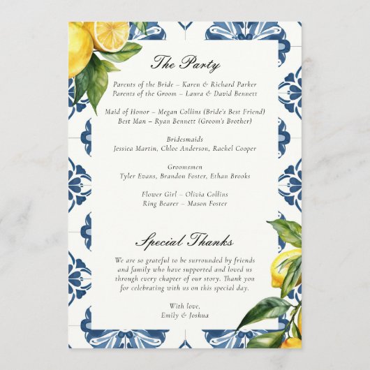 Lemon Positano Italienisches Hochzeitsfeierungspro Programm (Rückseite)