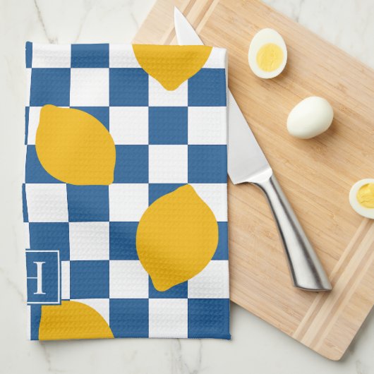 Lemon Rustic Farmhouse Blue White Check Monogram Geschirrtuch (Viertel Falte)