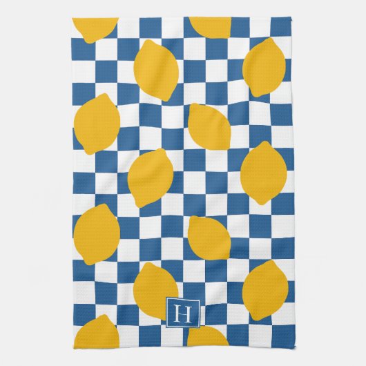 Lemon Rustic Farmhouse Blue White Check Monogram Geschirrtuch (Vertikal)