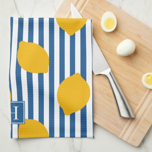 Lemon Rustic Farmhouse Stripe Monogram Geschirrtuch (Viertel Falte)