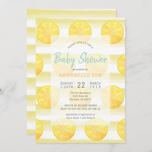 Lemon & Stripes Aquarell Kinderdusche Einladung (Vorne/Hinten)