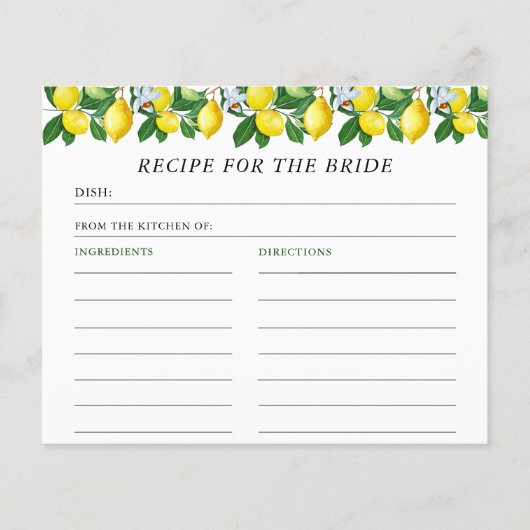 Lemon Summer Italian Brautparty Rezept Card (Vorderseite)