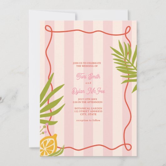 Lemon Swirl Pink Stripe Palm Wedding Einladung (Vorderseite)