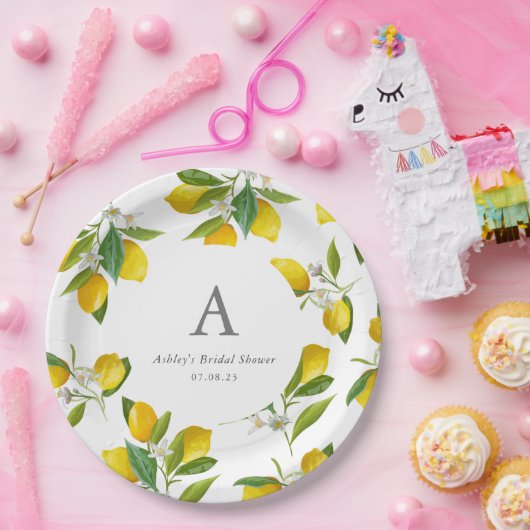 Lemon-thematisches Monogramm-Initial-Brautparty Pappteller (Party)