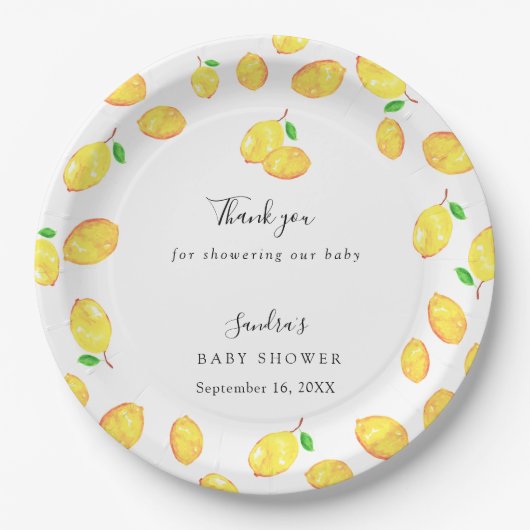 Lemon Theme Baby Shower Citrus Modern Script Pappteller (Vorderseite)
