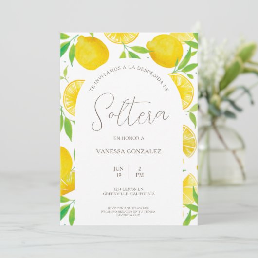 Lemon Theme Bridal Dusche Einladung in Spanisch (Stehend Vorderseite)