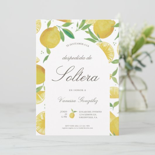 Lemon Theme Bridal Dusche Einladung in Spanisch (Stehend Vorderseite)