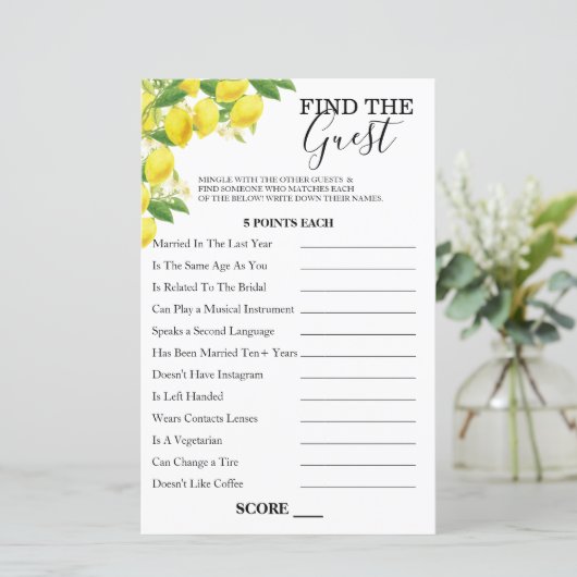 Lemon Theme Find the Guest Game Card (Stehend Vorderseite)