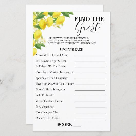 Lemon Theme Find the Guest Game Card (Vorne/Hinten)