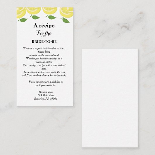 Lemon Theme Recipe Anfrage Brautparty Begleitkarte (Vorne/Hinten)