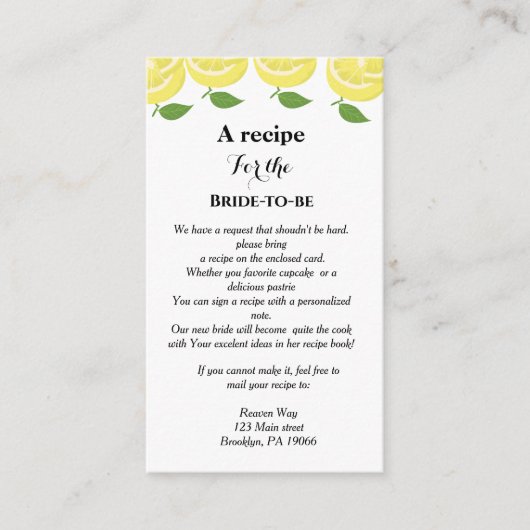 Lemon Theme Recipe Anfrage Brautparty Begleitkarte (Vorderseite)