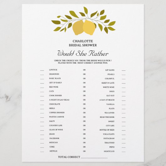 Lemon Theme würde sie eher Brautparty-Spiel Flyer (Vorne)