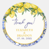 Lemon-Themed Mediterranean Tile Wedding Runder Aufkleber (Vorderseite)